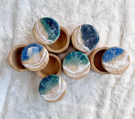 Bamboo Salt Box - resin ocean wave lid